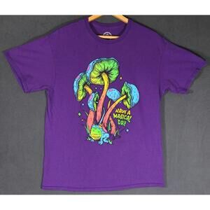 DOM Purple Graphic T-Shirt L – “Have a Magical Day” Frog Mushroom Psychedelic #1